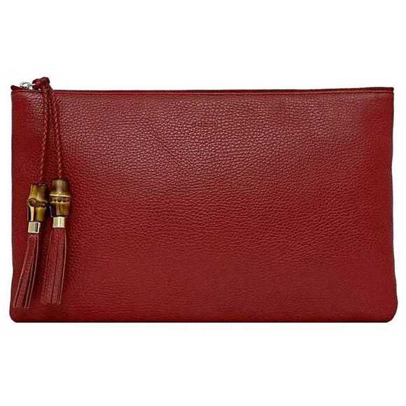 GUCCI Red Leather Bamboo Clutch Bag - Picture 1 of 11